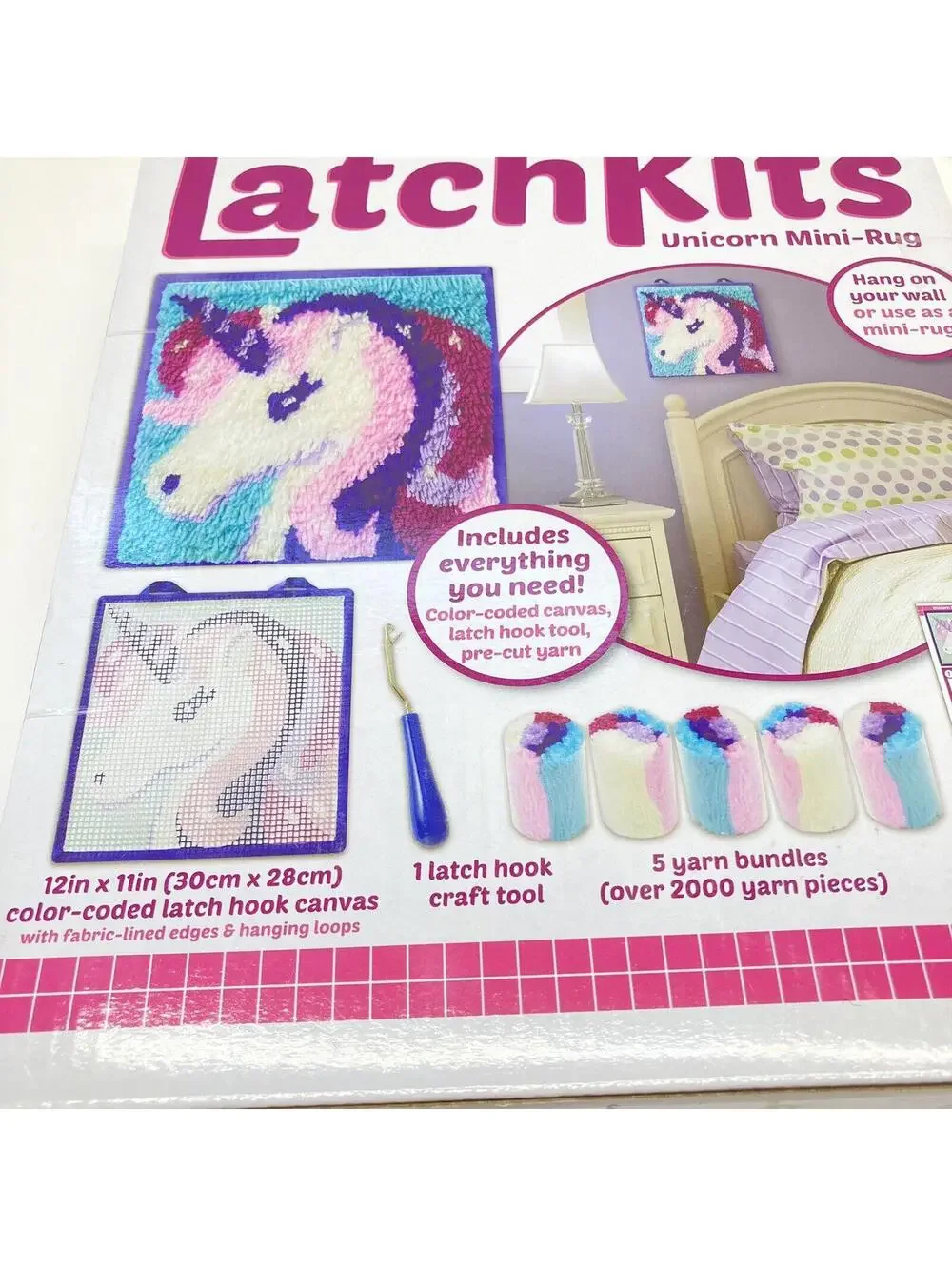 LatchKits Unicorn Mini-Rug Latch Hook Craft Kit 12x11 Color-Coded Canvas
